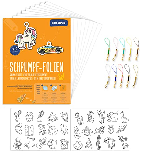 Smowo® Kit de Plástico Mágico Encogible A4 Mate Transparente - 10 Láminas de Papel Mágico con Motivos para Llaveros