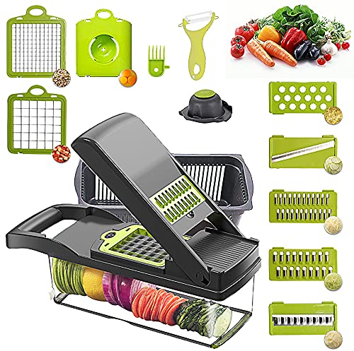 Alrens Gemüseschneider Manuell 12 in 1, Mandoline Gemüseschneider Zwiebel Zerkleinerer, Obstschneider Zwiebelschneider mit 7 Auswechselbaren Edelstahlklingen für Schneiden von Obst & Gemüse