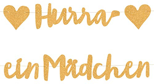 Compagno HURRA EIN MÄDCHEN goldene Girlande zur Geburt Baby Shower Grautlation Girl Banner Glitzer Nachwuchs Deko Girl
