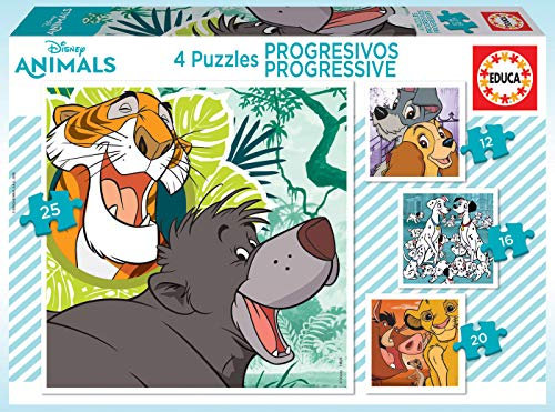 Educa 18628, Disney Klassiker, 4in1 Puzzleset mit 12/16/20/25 Teilen, Puzzle für Kinder ab 3 Jahren, Dschungelbuch, Susi & Strolch, 101 Dalmatiner, König der Löwen