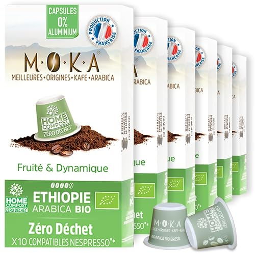MOKA 100 Capsules Compostables 100% Pur Arabica d'Ethiopie Bio - Compatible avec les machines à Capsules Nespresso - Intensité 8 - Home Compost - Expresso et Lungo - Torréfié en France