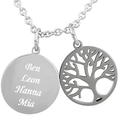 Hanessa Personalisierte Kette mit Gravur Edelstahl 50 cm mit Anhänger Lebensbaum rund in silber - Personalisierte Halskette für Männer und Frauen - Personalisierter Schmuck Damen Herren