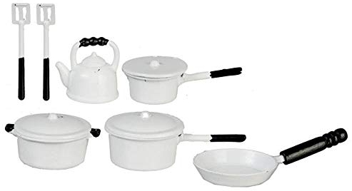 Melody Jane Puppenhaus Weiß Metall Kasserolle Pfanne Set & Wasserkocher Miniatur Küchenzubehör