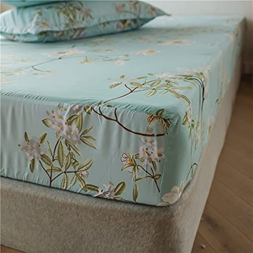 Boqingzhu Spannbettlaken 200x200cm Grün Weiß Blumen Spannbetttuch Microfaser Bettlaken für bis 25cm Matraze