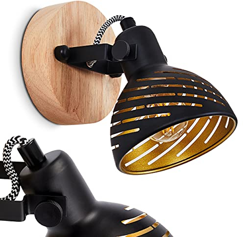 Wandleuchte Osina, moderne Wandlampe aus Metall/Holz in Schwarz/Gold/Natur mit verstellbarem Strahler, Leuchte im Retro/Vintage-Design mit Lichteffekt, 1-flammig, 1 x E14, ohne Leuchtmittel