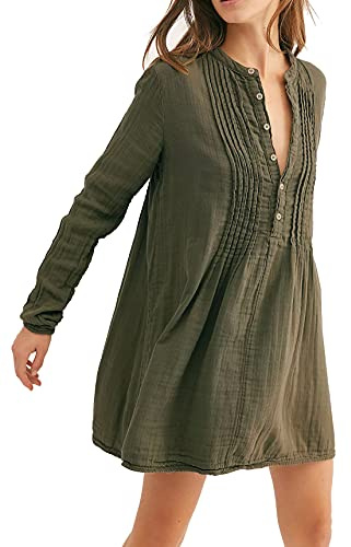 R.Vivimos Women's Tunic Dress Fall Cotton Button Down Long Sleeves Casual Mini Shirt Dress (X-Large, ArmyGreen)