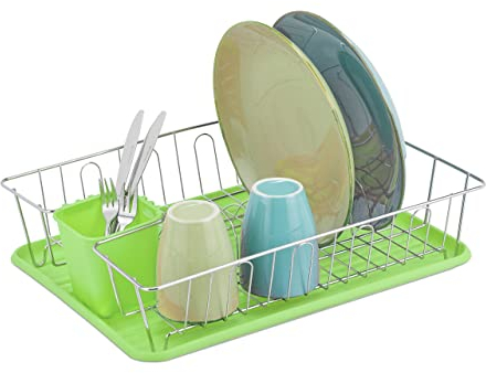 Relaxdays Escurreplatos, Bandeja y Portacubiertos, 11,5x43x34 cm, Escurridor Platos y Vajilla, Metal y Plástico, Verde, Hierro