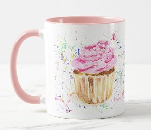 Vixar Cupcake Cake Pink Kitchen Cook Bake Watercolour Art Coloured Mug Cup Gift Birthday Work Office Christmas Tea Coffee (Pink)
