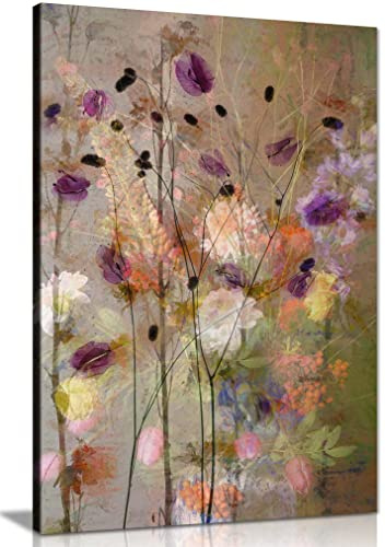 Panther Print Fine Art Prints Purple, White & Yellow Painterly Flowers Artistic Framed Canvas Print, Pictures for Home Walls, Bedroom, Living Room & Bathroom Decor 76x51cm (30x20in)