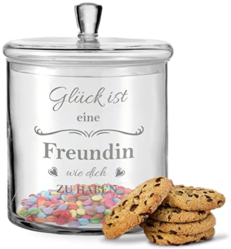 GRAVURZEILE Leonardo Keksglas mit Gravur - Glück ist eine Freundin - Keksdose Bonbonglas mit Deckel - Geschenk für die beste Freundin als Geschenk