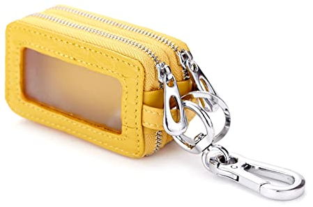 PORRASSO Etuis Porte Clés Véritable Cuir Voiture Clé Cas Portable Pochette Porte Cles Porte-Monnaie Double Zippée Car Key Case pour Hommes Femme Jaune