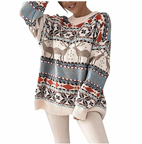 DRILEND Weihnachts Pullover Man,Damen Weihnachten Familie Obersize Pullover Damen Weihnachten Star Schurwolle Pullover Damen Weinrot Verschluss Pullover Lambswool Mit Hemd(8-Beige,S)