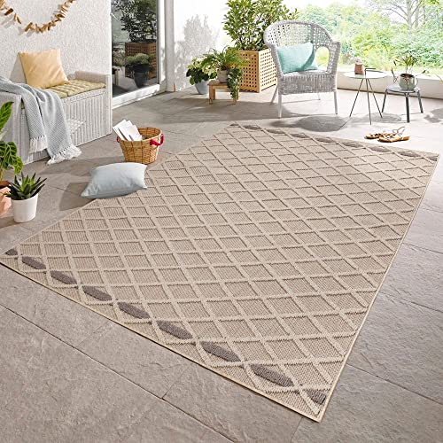 Carpetsale24 In & Outdoor Bouclé Teppich Läufer wetterfest Beige 80x250 cm Skandinavische Rauten Design 3D Hoch Tief Effekt ideal für Flur Balkon oder Terrasse