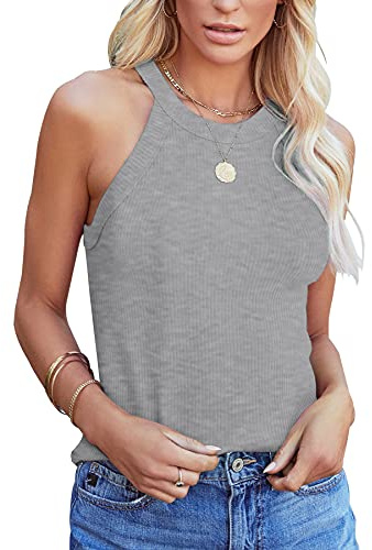 Homlan Débardeur sans Manches pour Femme Dos Nageur Col Rond Basic Slim Fit Chemises élégantes Hauts côtelés Tricot Cami Top Sexy, Gris, XL