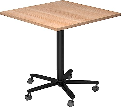 bümö Säulenhubtisch höhenverstellbar, Stehtisch Büro, Bistrotisch eckig 80 x 80 cm - Besprechungstisch Nussbaum, Stehtisch Holz-Platte, Säule aus Metall in schwarz, Säulentisch, Hochtisch