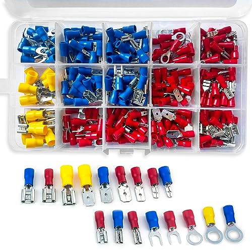 Nutabevr 300 piezas Terminales Eléctricos con Aislados,17 tipos Conectores de Cable Eléctricos con caja de surtido,Kit Terminal de Empalme,Conectores de Crimpado,Crimp Terminal Pala y Horquilla