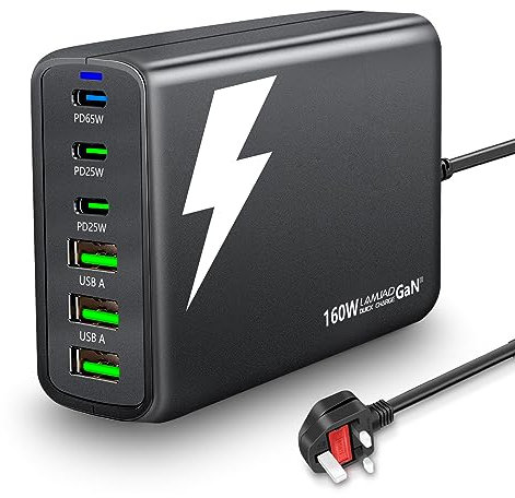 LAMJAD 160W USB C Charger,6 Ports GaN Charger USB Fast Charger,3 USB-C +3 USB-A,Portable Travel USB C Charging Station Compatible with MacBook Pro,HP Laptop/iPad,iPhone 15/14/13,Galaxy/Huawei(Black)