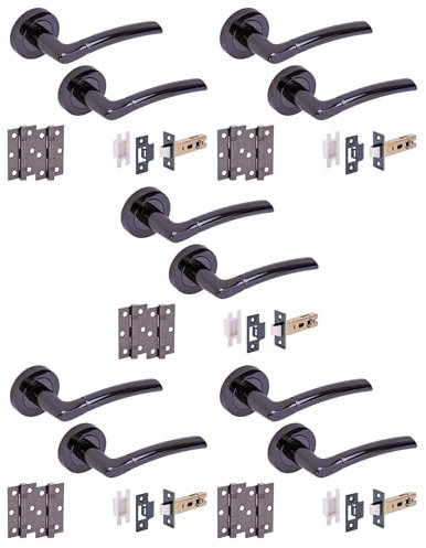 HANDLEZONE® 5 Sets Neemo Internal Door Handles on Rose Lever Latch Packs with Ball Bearing Hinges - Black Nickel