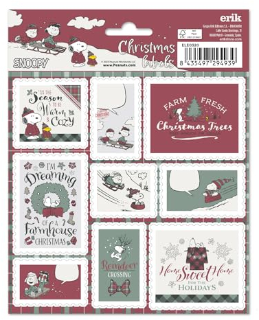 Grupo Erik Aufkleber Etiketten Snoopy mit einer Größe von 8x4 cm und Illustrationen mit den Hauptfiguren, Etiketten zum Beschriften, 16 Klebeetiketten Set