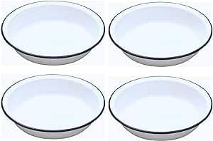 Lucaro Set of 4 Traditional 18 CM White Enamel Circular Pie Dish Roasting Baking, Pies Dishes White Vintage Design, Suitable for Oven and Stove, Dishwasher Safe, Tray, Tin