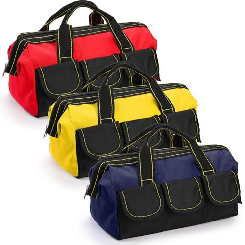 Mezchi 3 Pack 13/33cm 5 Pockets Tool Bag, Wide Mouth Tool Tote Bags with Waterproof Base, Heavy Duty Tool Storage Bag Organizer for Various Tools, Blue, Yellow, Red