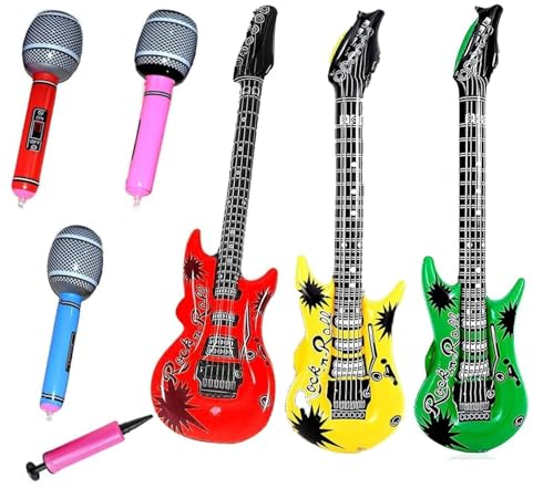 3 Stück Aufblasbares Mikrofone + 3 Stück Aufblasbares Gitarre Mikrofone，gelten Aufblasbare Gitarre Zum Feiern Des Karnevals.