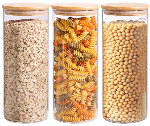 ComSaf 1650ml Glass Storage Containers with Lids, Glass Jars with Bamboo Lids, Clear Food Storage Jar, Round Glass Canister Set of 3, Pantry Organizers and Storage for Pasta Flour Rice Tea Coffee Bean