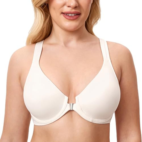 Delimira Women's Front Fastening Bras Seamless Unlined Racer Back Plus Size Underwired Plunge Bra Ivory 42G