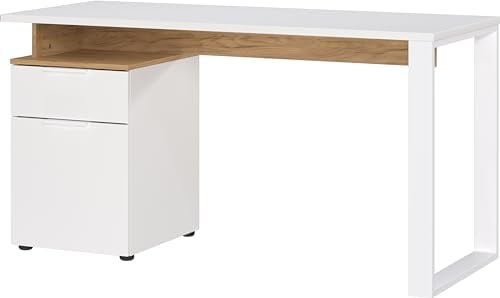 Germania Schreibtisch 5999-633 GW-HASSELT, in Weiß/Navarra-Eiche-Nb., Gespiegelt montierbar, FSC-Zertifiziert, 140 x 74 x 61 cm (BxHxT)