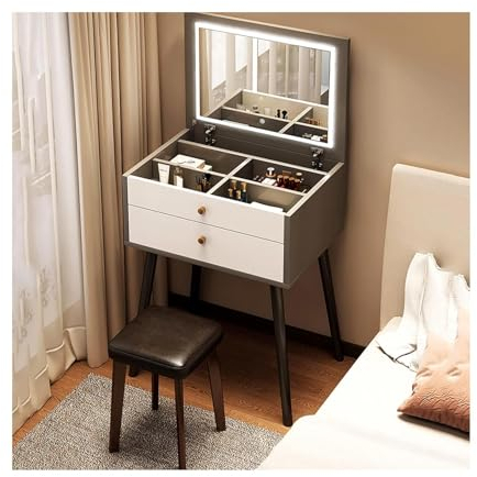 JUSHIW Schminktisch Nordic Vanity Desk, Makeup Vanity Set mit Flip Top Beleuchtetem Spiegel, Gepolsterter Hocker, Schreibtisch, Großer Stauraum Nachttisch Schminktisch