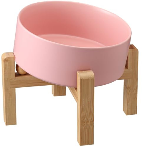 Addggo Pink Elevated/Raised 15°Tilted Anti Slip Ceramic Dog Bowl for Medium & Large Breeds,Slanted Bulldog Big Face Pet Food Water Feeding Dish with Stand (7.6 Cups/60OZ)