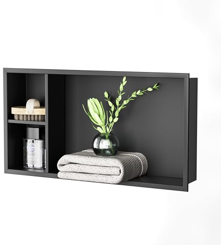Bernkot Niche de Douche en Acier Inoxydable - 60 x 30 x 10 cm - Pas de carrelage nécessaire - Double étagères murales - Étagère de Douche encastrée pour Rangement de Salle de Bain - Noir, Style 2