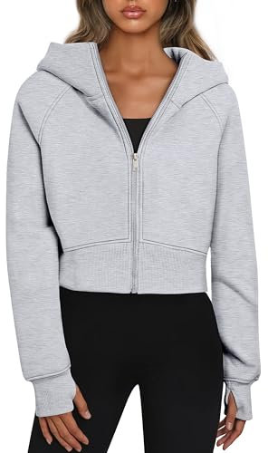 Timuspo Hoodie Damen Grau Vintage Cropped Sweatjacke Kurz Hoody mit Reißverschluss Taschen Zip Pullover 90er Jacken Übergangsjacke Fleecejacke Kaputzenpulli S
