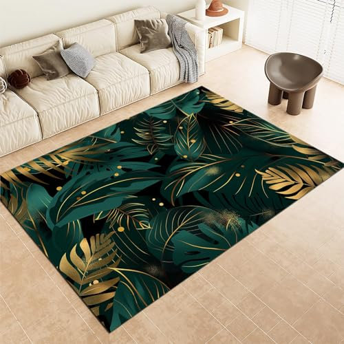 Srigzcaly Teppich Wohnzimmer, Pflanzenblatt Monstera-Blatt Teppiche rutschfest Waschbar GrüN Teppiche Kurzflor für Schlafzimmer Kinderzimmer, Weiche Flanell Teppich 80x150cm