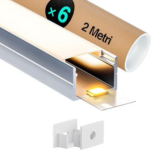LED Aluminium Profil 2m x 6 (12m) Led Strip Halterung, Led Trockenbauprofil, für Led Streifen/Led Liste/led profil,Led Leiste Kanal with Milchig Weißer Abdeckung - Endkappen - 2000 x 19,3 x 13 mm