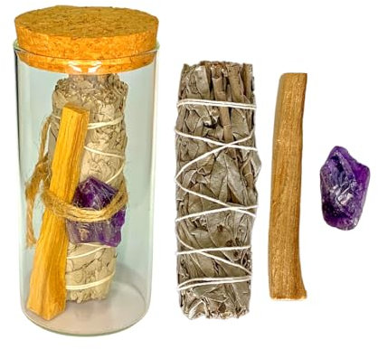 LoNesito® Kit Energético Palo Santo - Limpieza Energetica y Meditación, Palo Santo, Salvia Blanca, Cuarzo Rosa o Amatista, Envase Vidrio con Tapa de Corcho que prolonga fragancias, pau santo, pal sant
