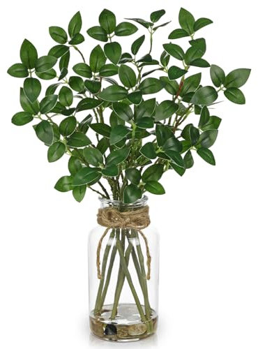 Arborus Künstlicher Ficus 38 CM Künstliche Grünpflanzen Kunstficus Plastik Pflanzen in Glasvase Ficus Deko Tisch Regal Fensterbank Deko im Wohnzimmer Schlafzimmer Badezimmer Küche Büro Modern Landhaus