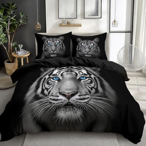 Quixora Bettwäsche 135 x 200 cm für Jugendliche Kinder Weich Gemütlich Bettbezug Tier Tiger Muster Schwarz Wendebettwäsche Einzelbett mit 2 Kissenbezug 80x80