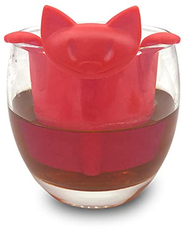 Tee-Ei-Set für losen Tee, lustiges und süßes Katzen-Teesieb aus Silikon, niedliche Tier-Silikon-Teefilter, Teesiebe für losen Tee, steiler für lose Teeblätter (Red)