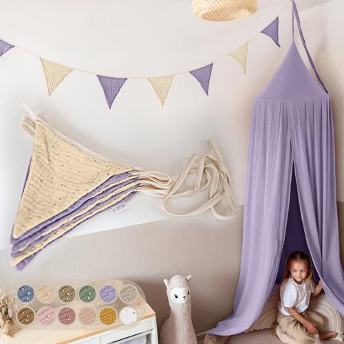 LILIMAUS Wimpelkette Stoff [mit Goldapplikation in 12 Farben] Wimpelkette Kinderzimmer - 100% Baumwolle Handmade Girlande Stoff - Wimpelkette Musselin - Hausbett Deko Mädchen & Jungen für Babyzimmer
