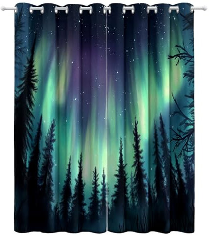 Bedruckte Verdunklungsvorhänge Grün Ösen Isoliert Vorhänge Digitaler Alaska-Wald Privatsphäre Schützende Gardinen für Schlafzimmer Wohnzimmer H166 x B75 cm (2er Pack)