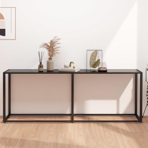 Makastle Konsolentisch Wohnzimmertisch schmal Flurtisch Eingangstisch Sofa Beistelltisch, Tisch hinter dem Sofa, Standregal, Industrial Design, Schwarz 200x35x75,5 cm Hartglas