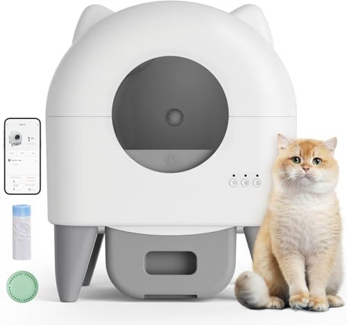 The Fellie Self Cleaning Cat Litter Box, 76L Automatic Cat Litter Tray with APP Control, Odor Removal Safety Protection, Large Capacity for Multiple Cats, Removable Washable Liner, with Garbage Bags