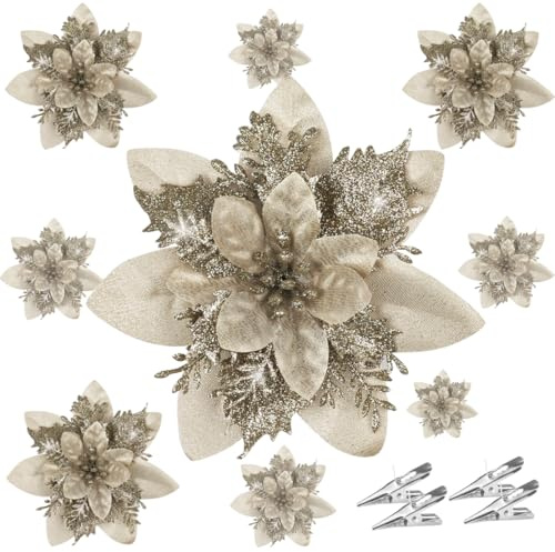 SHSMPXOY 20 Pezzi Fiori per Albero di Natale con Clip Decorazioni Natalizie Fiori Artificiali con Glitter Polvere Finti Natalizi Per Decorazioni Stella Di Natale Ghirlanda (Champagne)