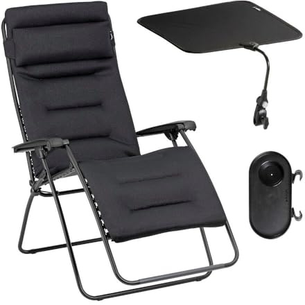 Lafuma Ensemble Fauteuil Relax matelassé XL avec Ombrelle et Porte-Gobelet | Fabriqué en FRANCE - Garantie 5 ans - Noir - Maintien ferme de tout le dos, Idéal pour grands gabarits 180 cm