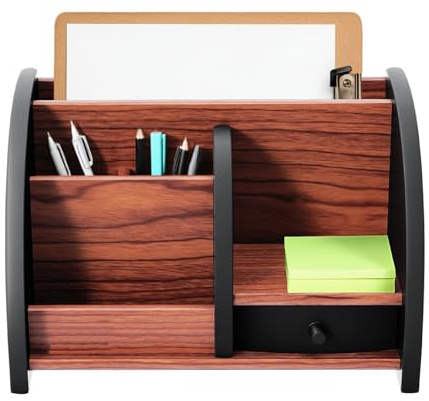 SAUADY Holz Schreibtisch Organizer 5 Fächer + Schublade Massivholz Antik Optik für Stifte Büroklammern 20x11.8x13.5cm Schwarz Braun