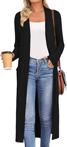 AYIFU Womens Maxi Cardigan Lightweight Long Sleeve Open Front Casual Cardigans Duster with Pockets (Black, XL)