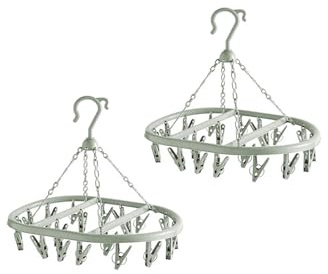 VOLTICO 2 Pack Air Dryer Hanger Drying Rack for Socks Peg Hanger with 20 Clips Plastic Clothes Hanging Rack for Indoor Outdoor Laundry Use (GREEN)