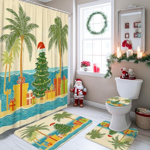 Weihnachts-Duschvorhang-Set, grüne Palme, Badematte, Teppich, Zubehör für Urlaub, Sommer, wasserdichter Stoff-Duschvorhang mit Haken, 183 x 183 cm, 4-teilig