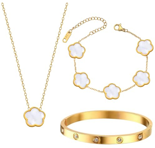 SSKHE 3 Pcs Four-Leaf Clover Jewelry for Women, 18K Gold Plated Stainless Steel Necklace, Bracelet Set, Gold Bracelet Cubic Zirconia Bangle, Clover Jewellery Set for Valentine's Day
